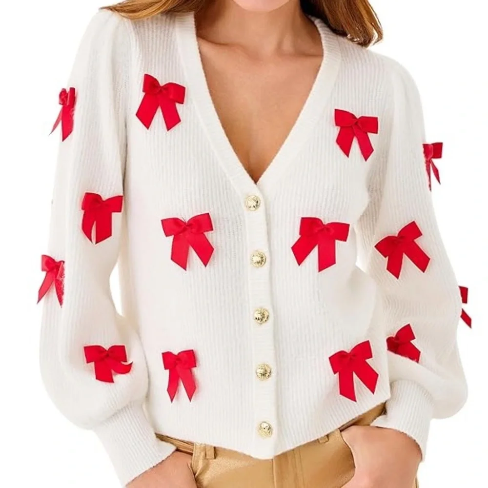 Lilly Pulitzer Zarie Cardigan with Red Bows sz L - Picture 6 of 8